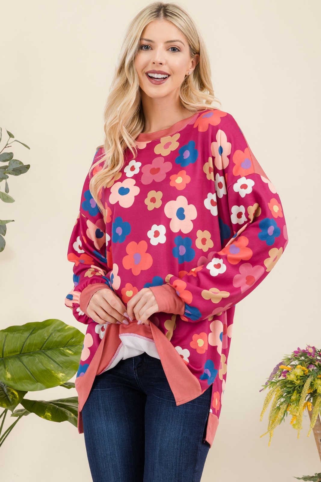 Outfit Flow - Celeste Full Size Side Slit Flower Print Long Sleeve Top