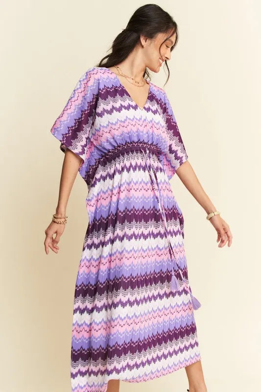 Davi & Dani Multi Color Wavy Tie Waist Flowy Sleeve Dress OutfitFlow