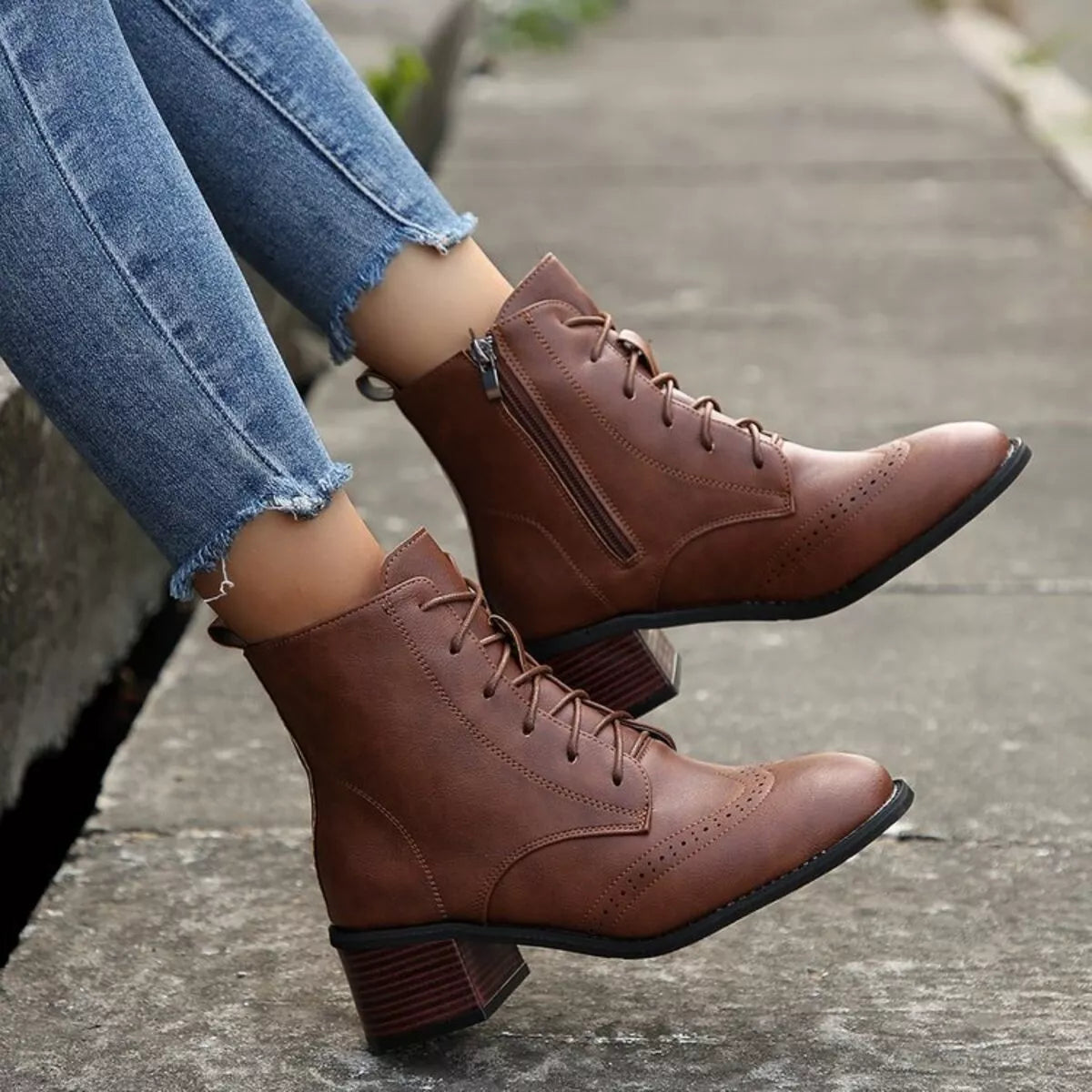 Lace-Up Ankle Boots with Zipper Dark Brown Trendsi