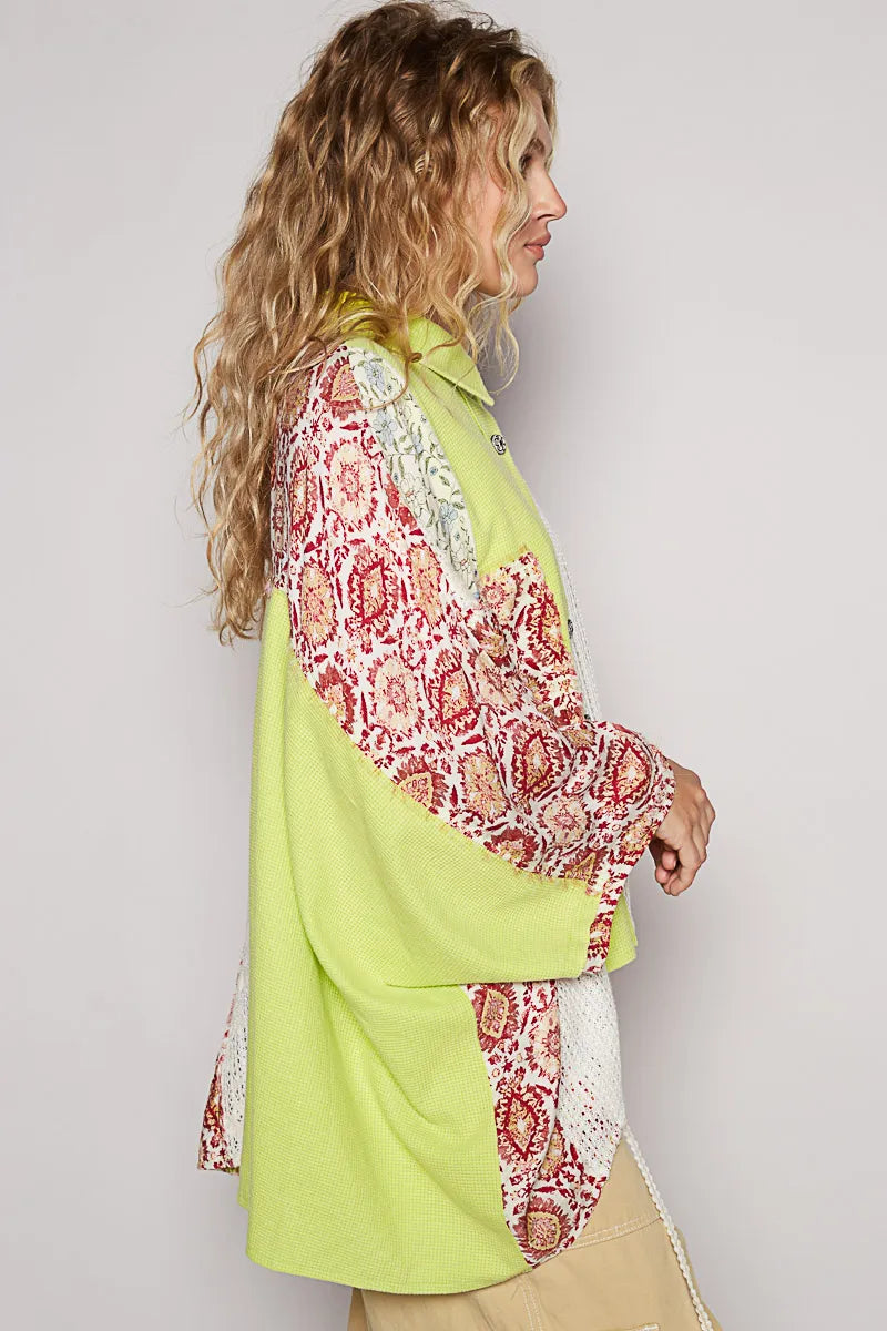POL Thermal and Crochet Lace Mix Shirt with Floral Pattern Trendsi