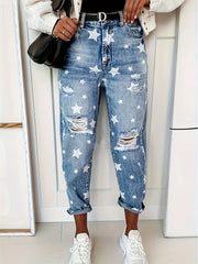 Star Print Distressed High Waist Boyfriend Jeans OutfitFlow