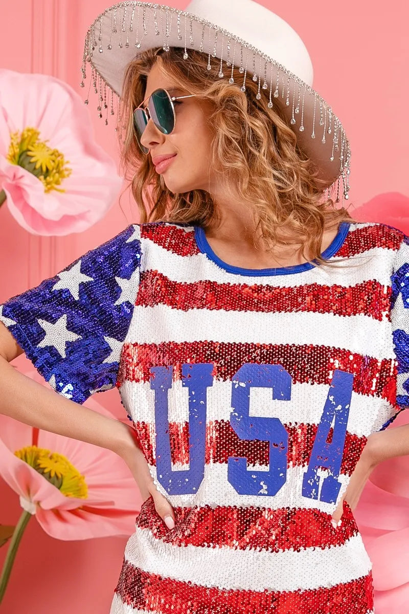 BiBi American Flag Theme Usa Print Sequin Dress OutfitFlow