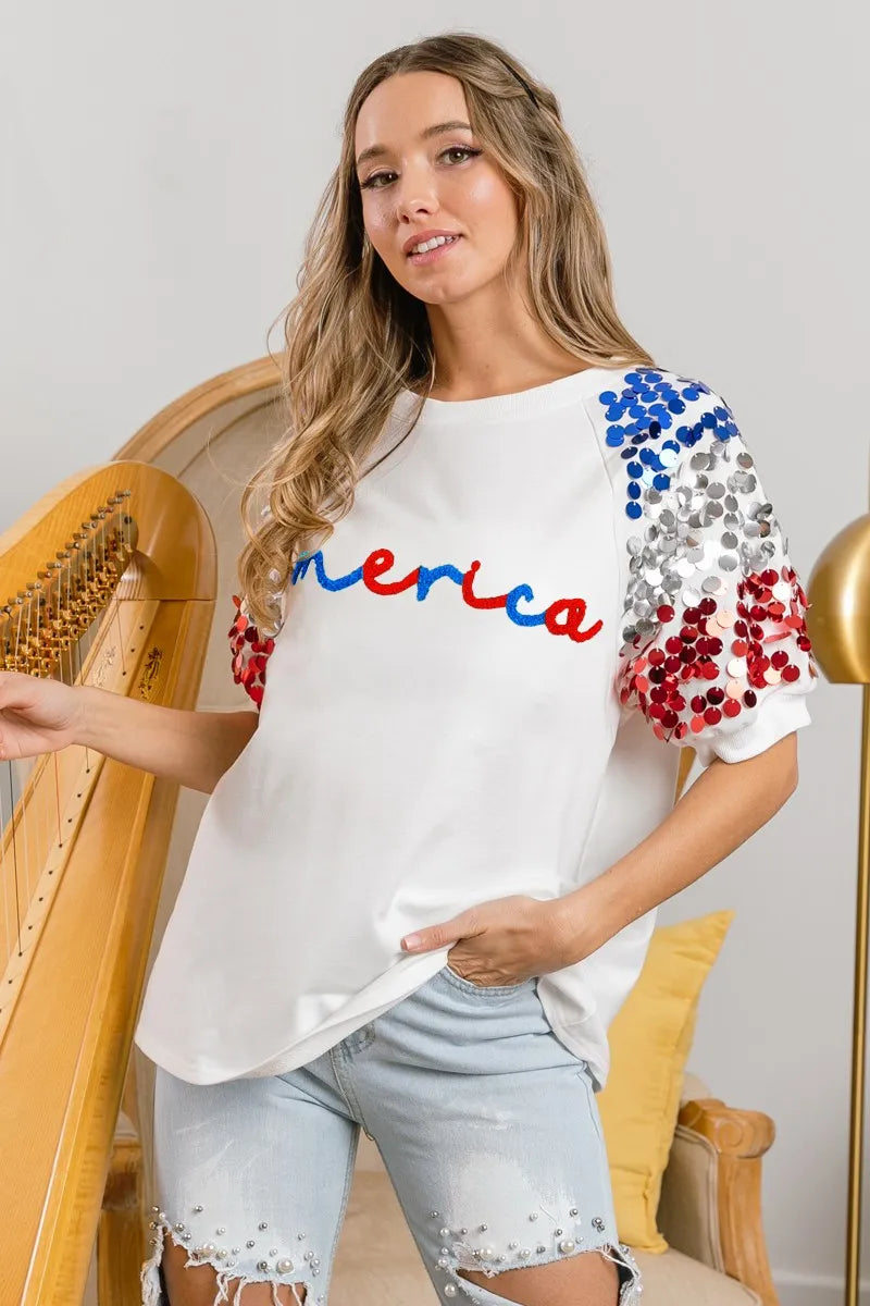 BiBi America Letter Applique Spangle Puff Sleeves Top OutfitFlow