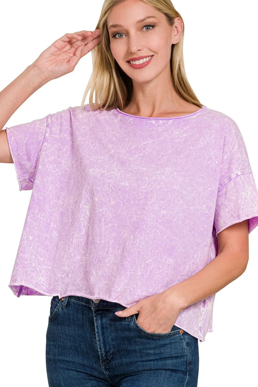 Zenana Washed Crew Neck Short Sleeve Crop Box Tee OutfitFlow