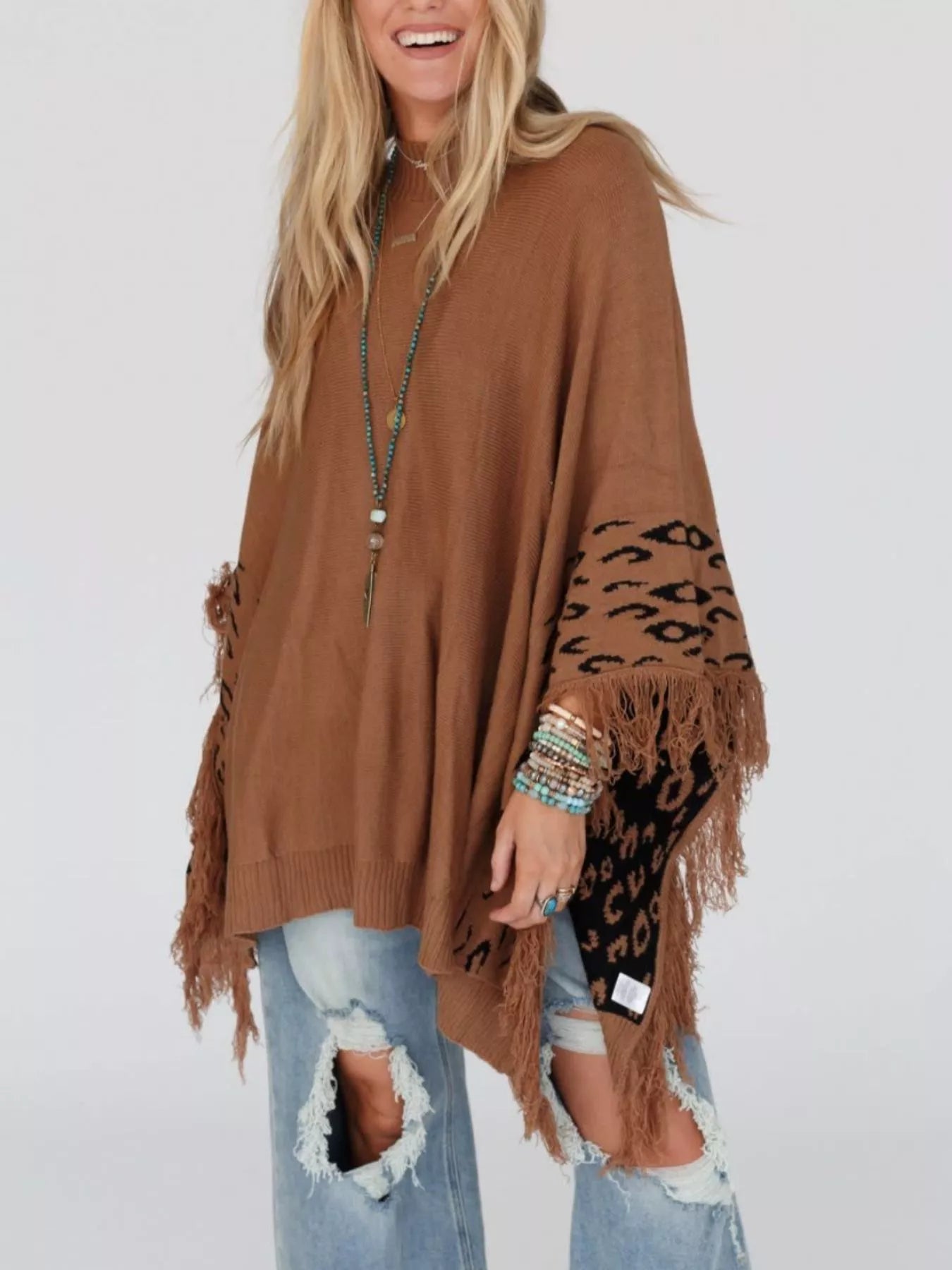 Fringe Leopard Mock Neck Batwing Sleeve Knit Top OutfitFlow