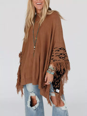 Fringe Leopard Mock Neck Batwing Sleeve Knit Top OutfitFlow