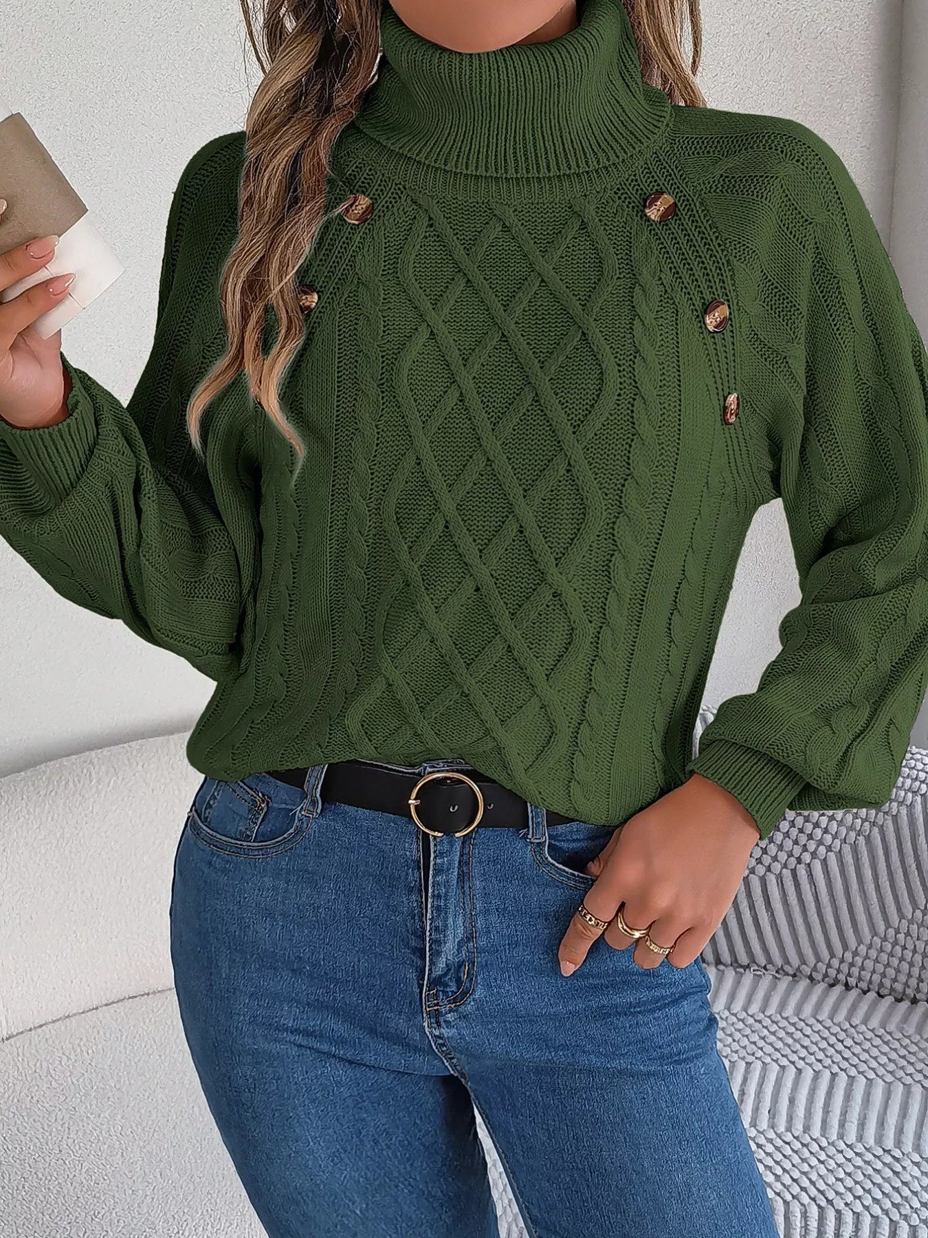 Cable Knit Turtleneck Long Sleeve Sweater OutfitFlow