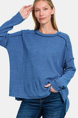 Outfit Flow - Zenana Full Size Exposed Seam Brushed Round Neck Sweater