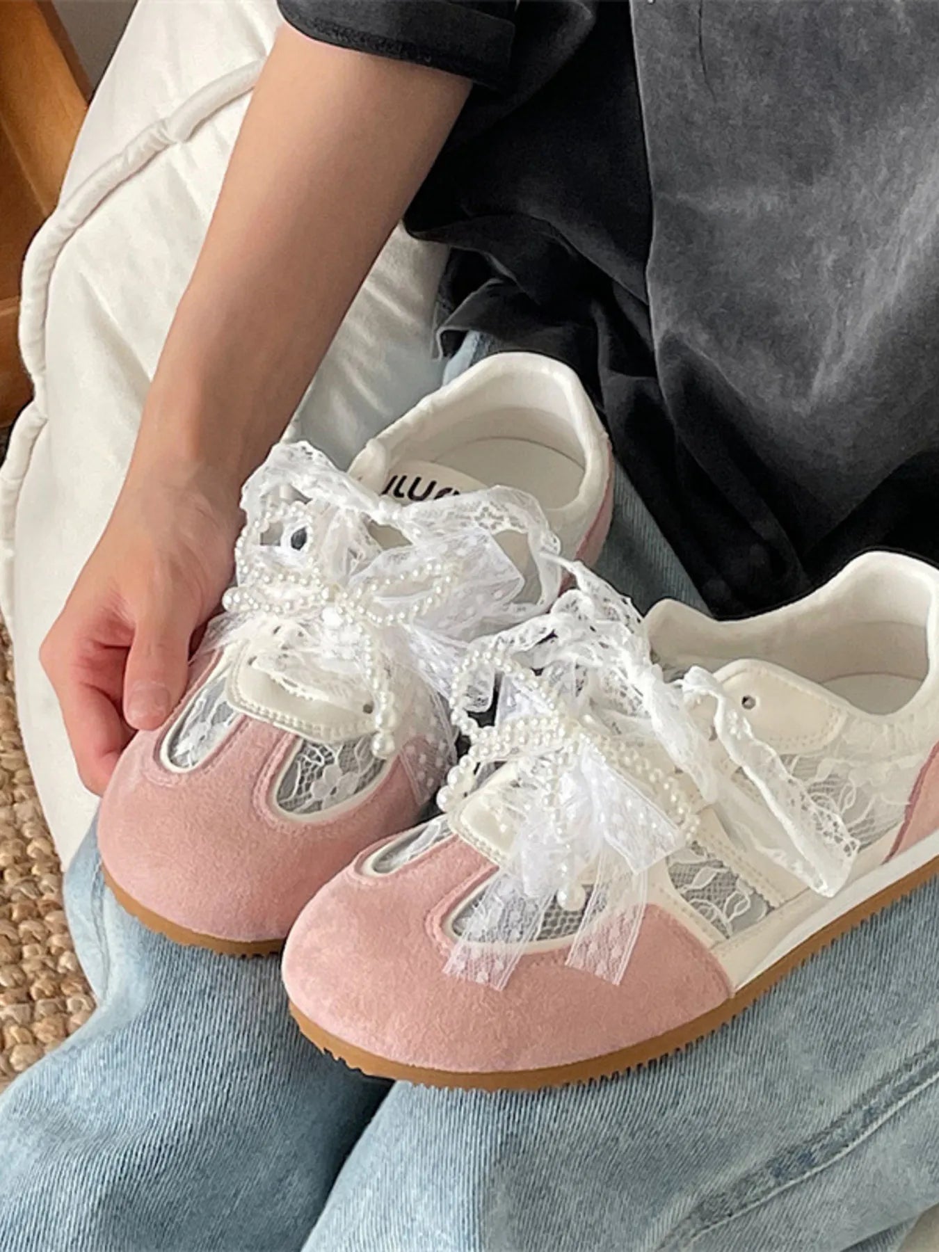 Vintage Lace Ribbon Sneakers OutfitFlow