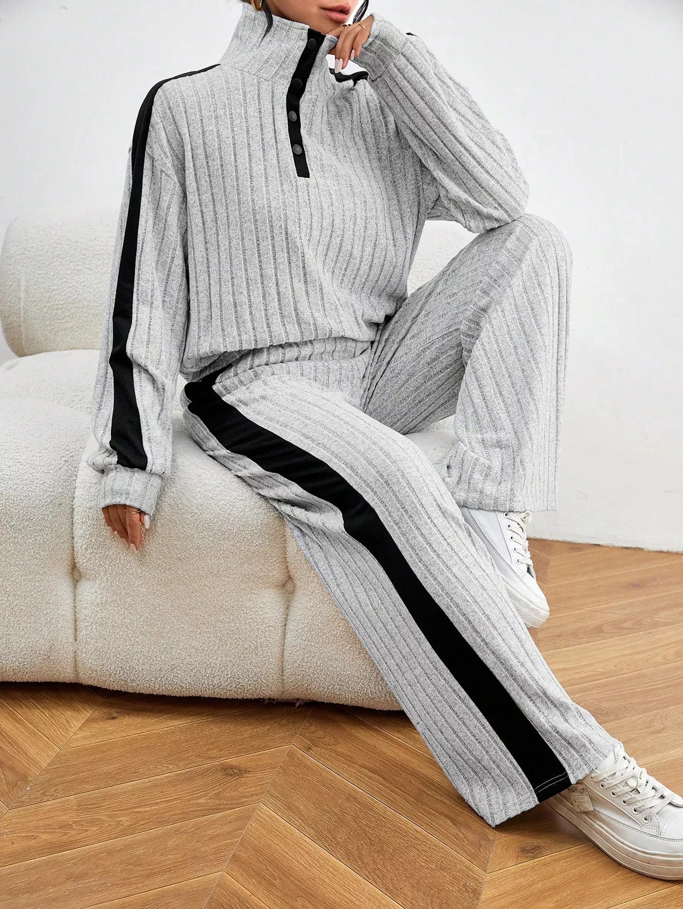 Ribbed Contrast Dropped Shoulder Top and Pants Set OutfitFlow