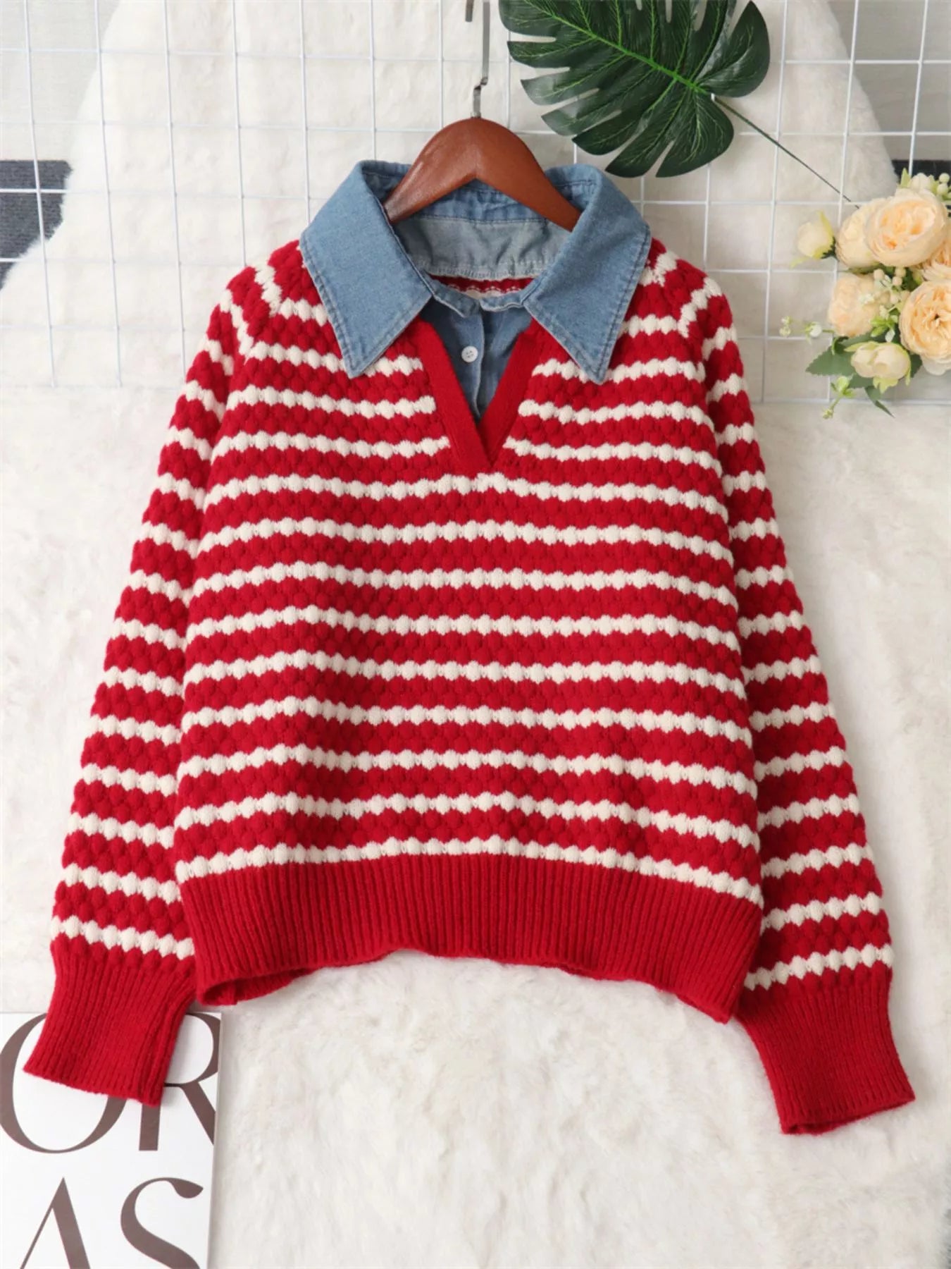 Contrast Striped Sweater with Denim Collar OutfitFlow