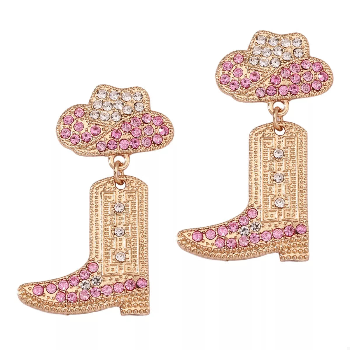 Rhinestone Cowboy Boot Dangle Earrings Pink onesize OutfitFlow