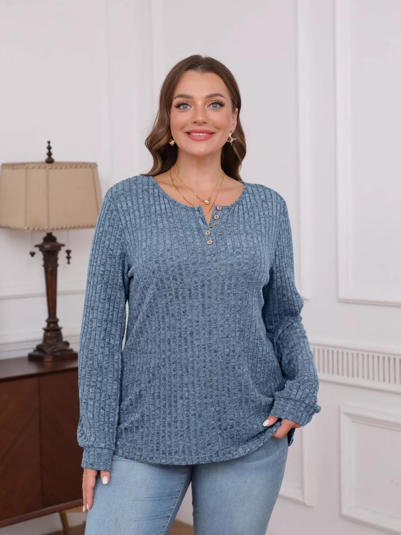 Ribbed Knit Button-Front Long Sleeve T-Shirt OutfitFlow