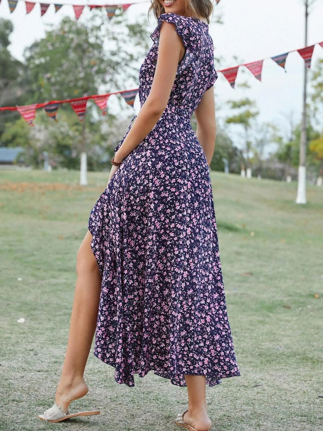 Printed Surplice Ruffle Sleeve Dress OutfitFlow