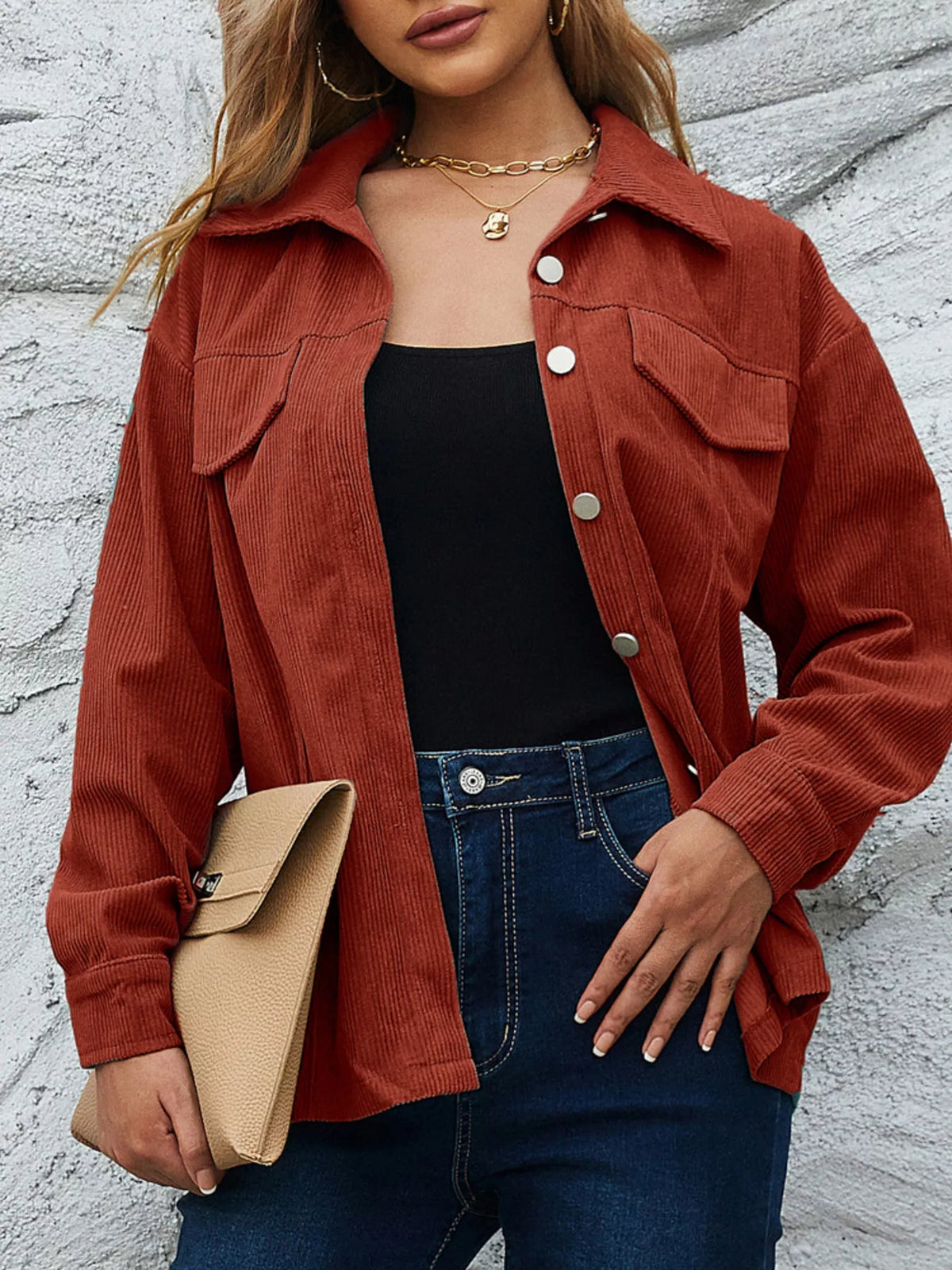 Casual Corduroy Button-Down Jacket Amber OutfitFlow