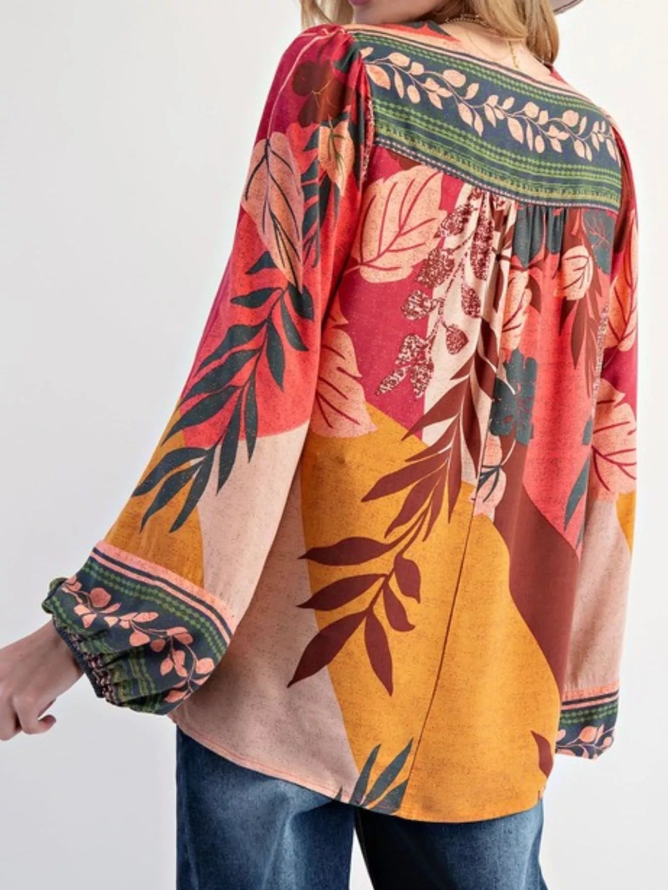 Tropical Print Balloon Sleeve Blouse OutfitFlow