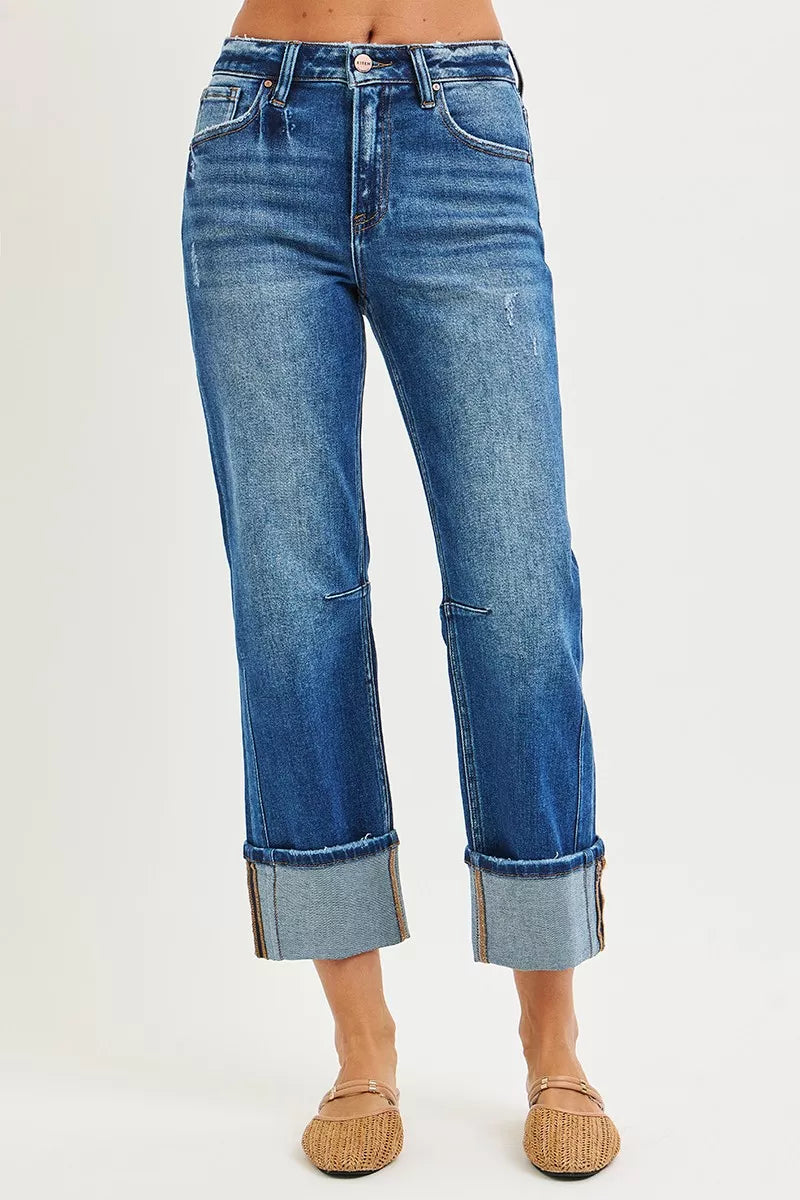 RISEN High Rise Straight Jeans with Distressed Hem DARK OutfitFlow