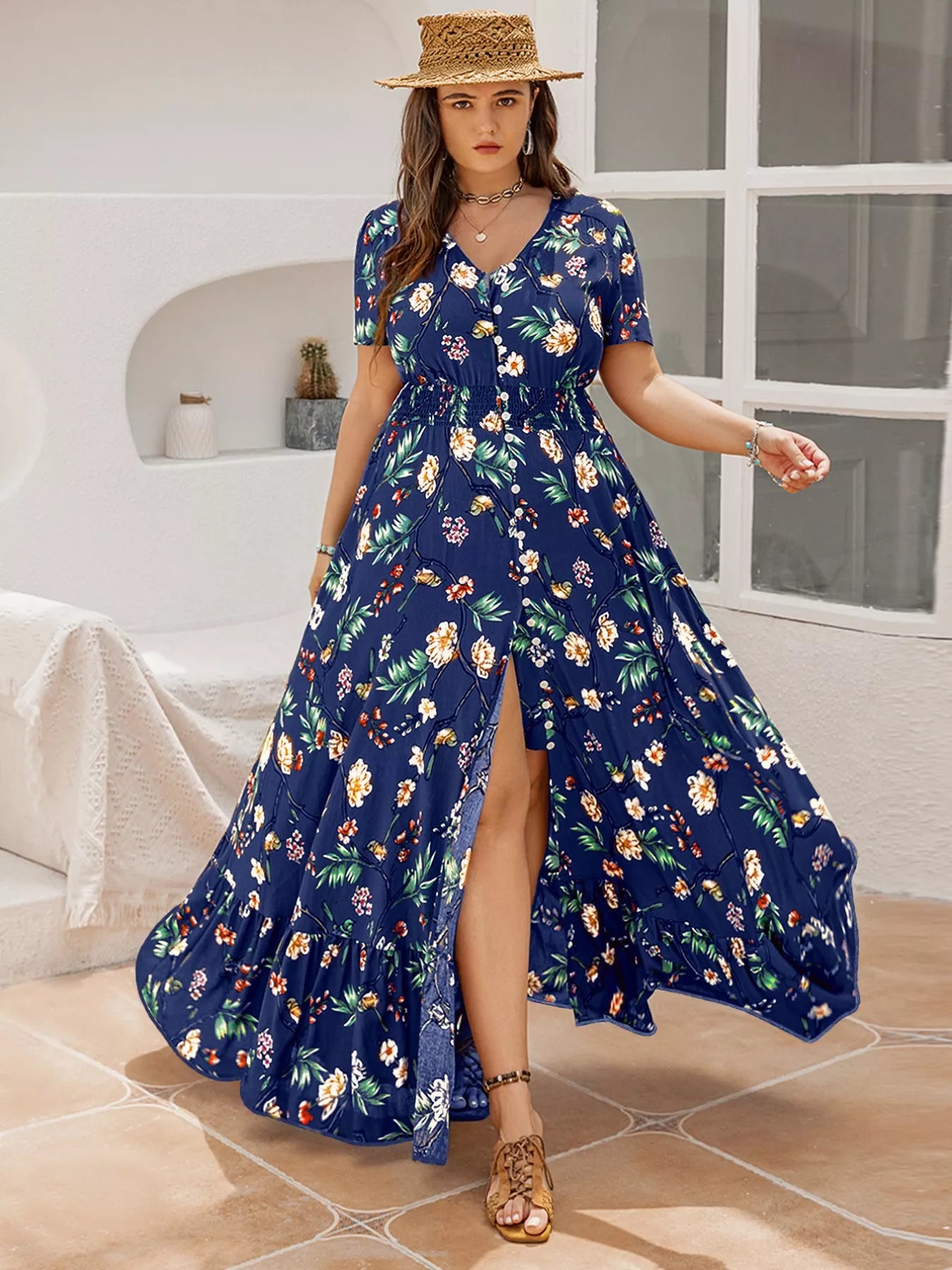 Plus Size Floral V-Neck Short Sleeve Maxi Dress OutfitFlow