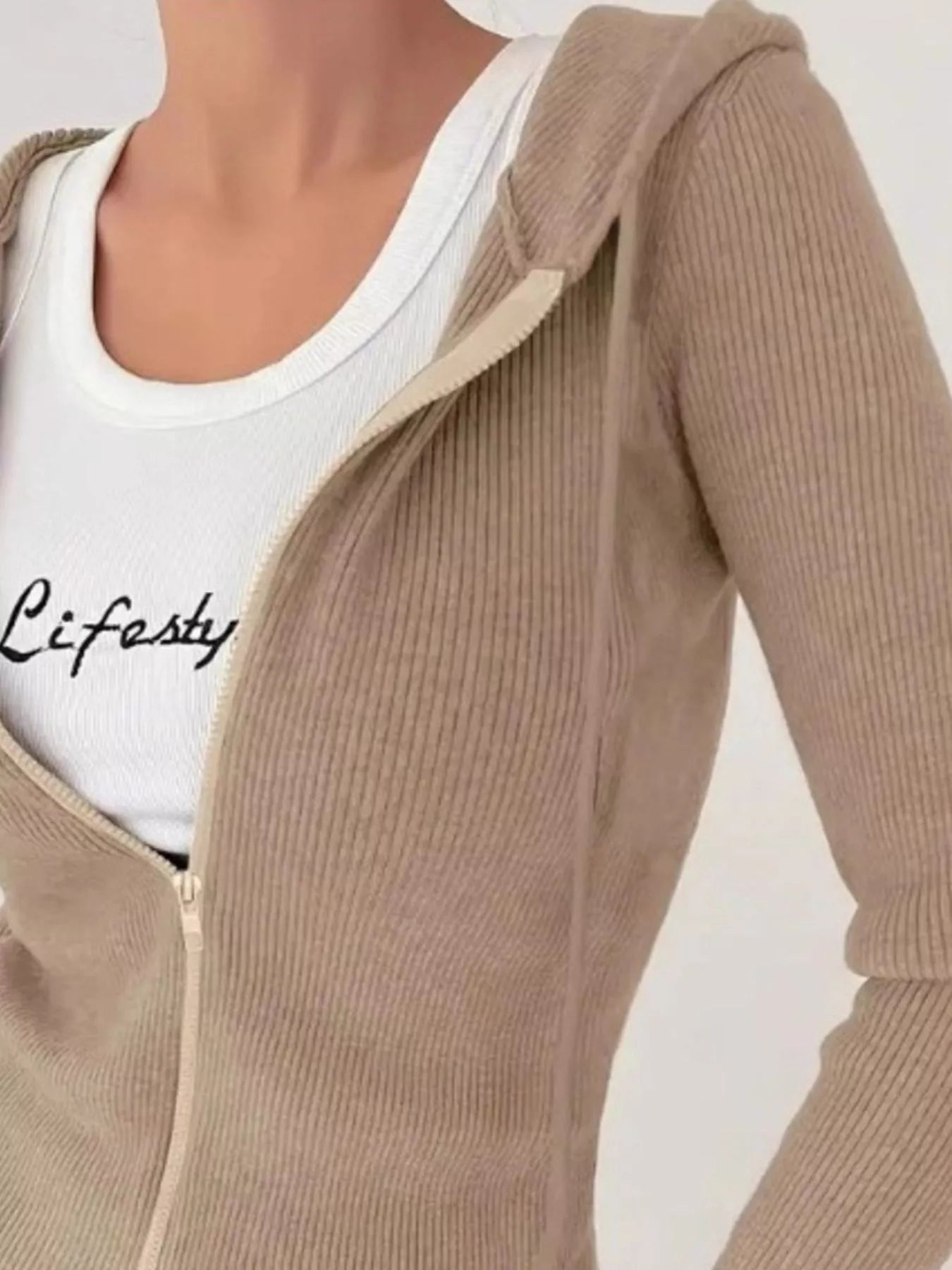 Ribbed Knit Zip-Up Hooded Cardigan OutfitFlow