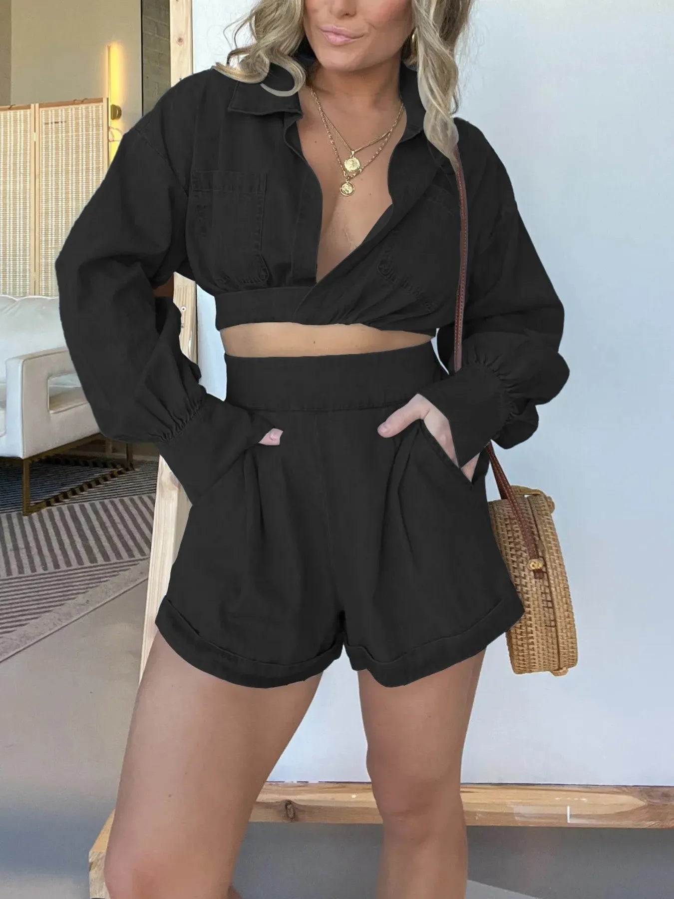 Full Size Long Sleeve Top and Shorts Denim Set Plus Size OutfitFlow