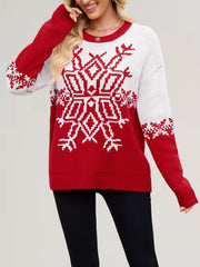 Christmas Snowflake Round Neck Sweater Red OutfitFlow