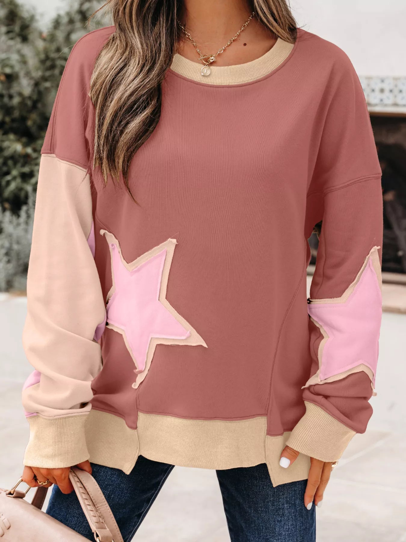 Contrast Star Patchwork Exposed Seam Uneven Hem Drop Shoulder Sweatshirt OutfitFlow