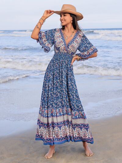 Ruched Printed Flounce Sleeve Midi Dress OutfitFlow
