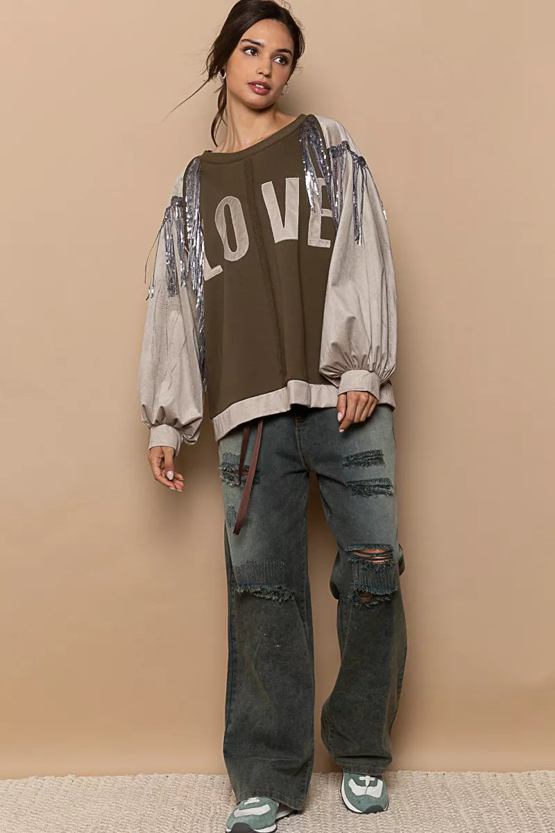 POL Balloon Sleeve French Terry Sweatshirt with Sequin Tassel OutfitFlow