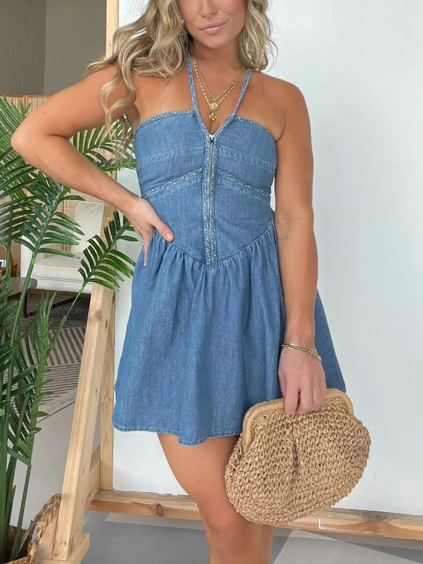 Full Size Lace Up Halter Neck Denim Dress Plus Size OutfitFlow