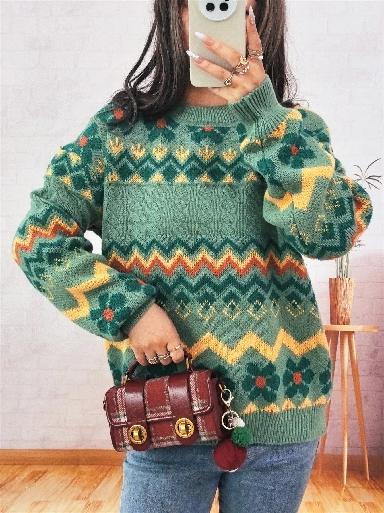 Geometric Round Neck Long Sleeve Sweater OutfitFlow