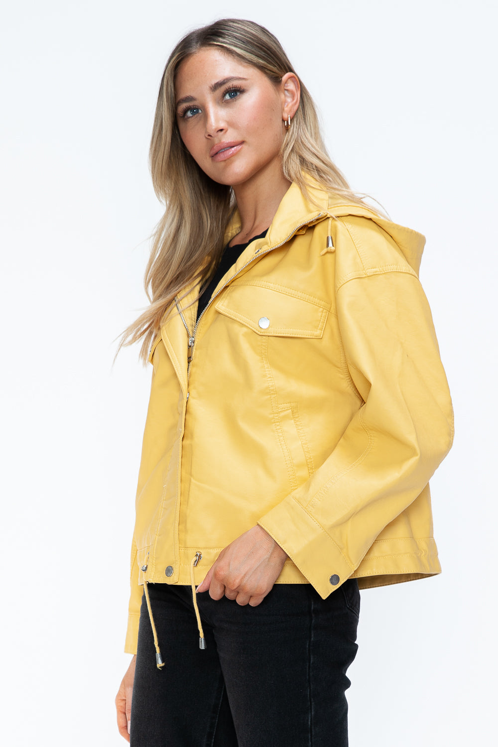 Outfit Flow - How Dare U Drawstring Hem PU Leather Zip Up Jacket