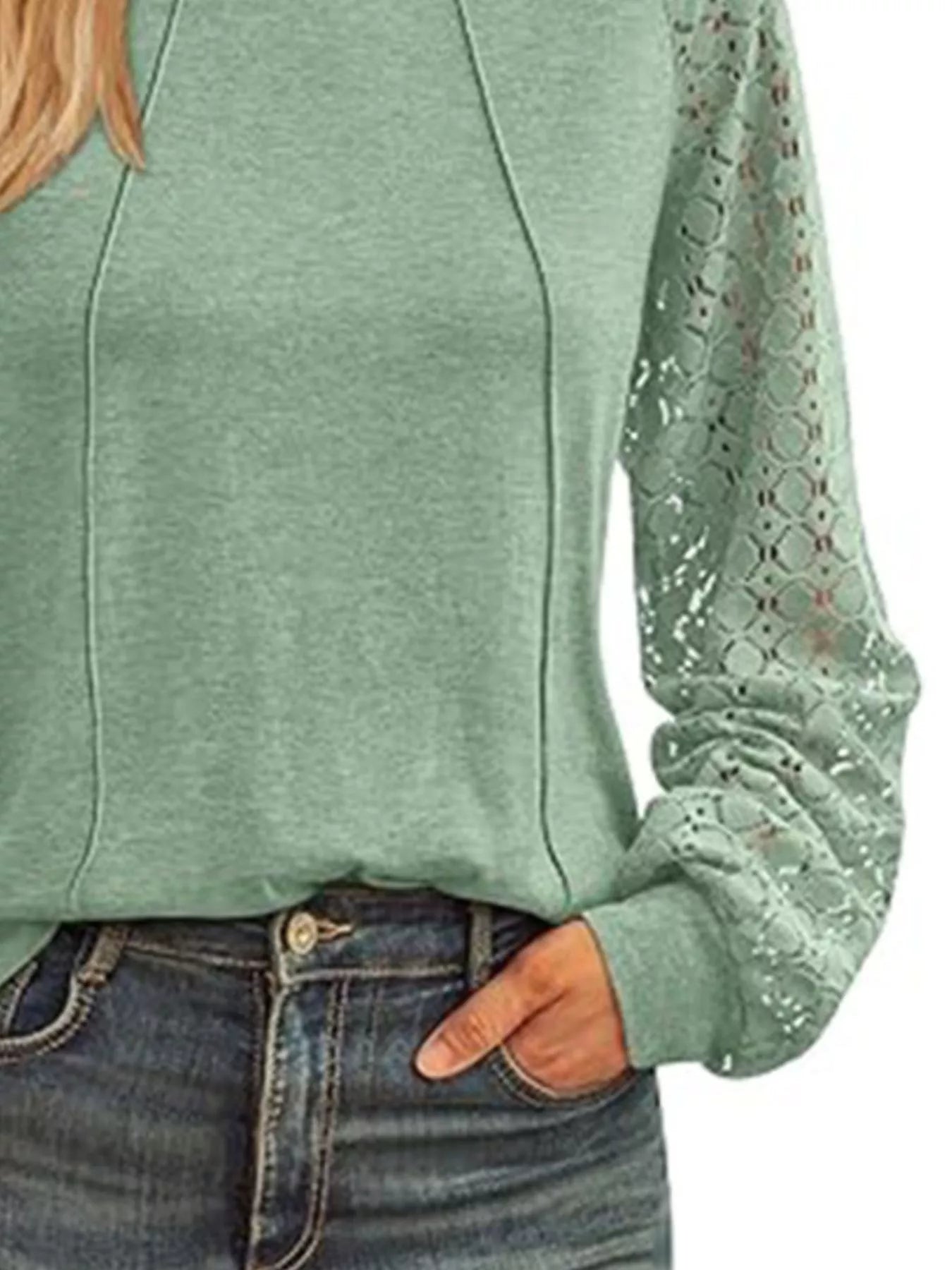 Round Neck Lace Sleeve Blouse OutfitFlow