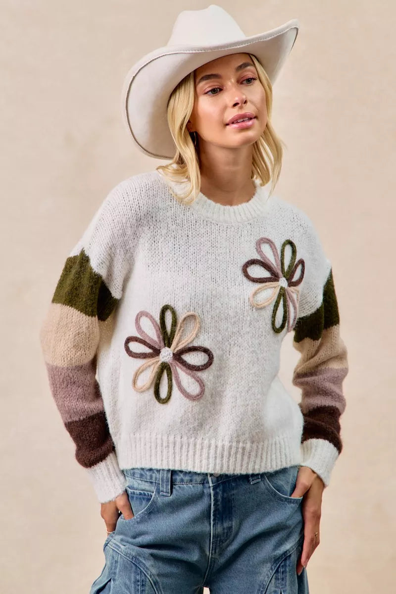 BiBi Flower Color Block Sweater OutfitFlow