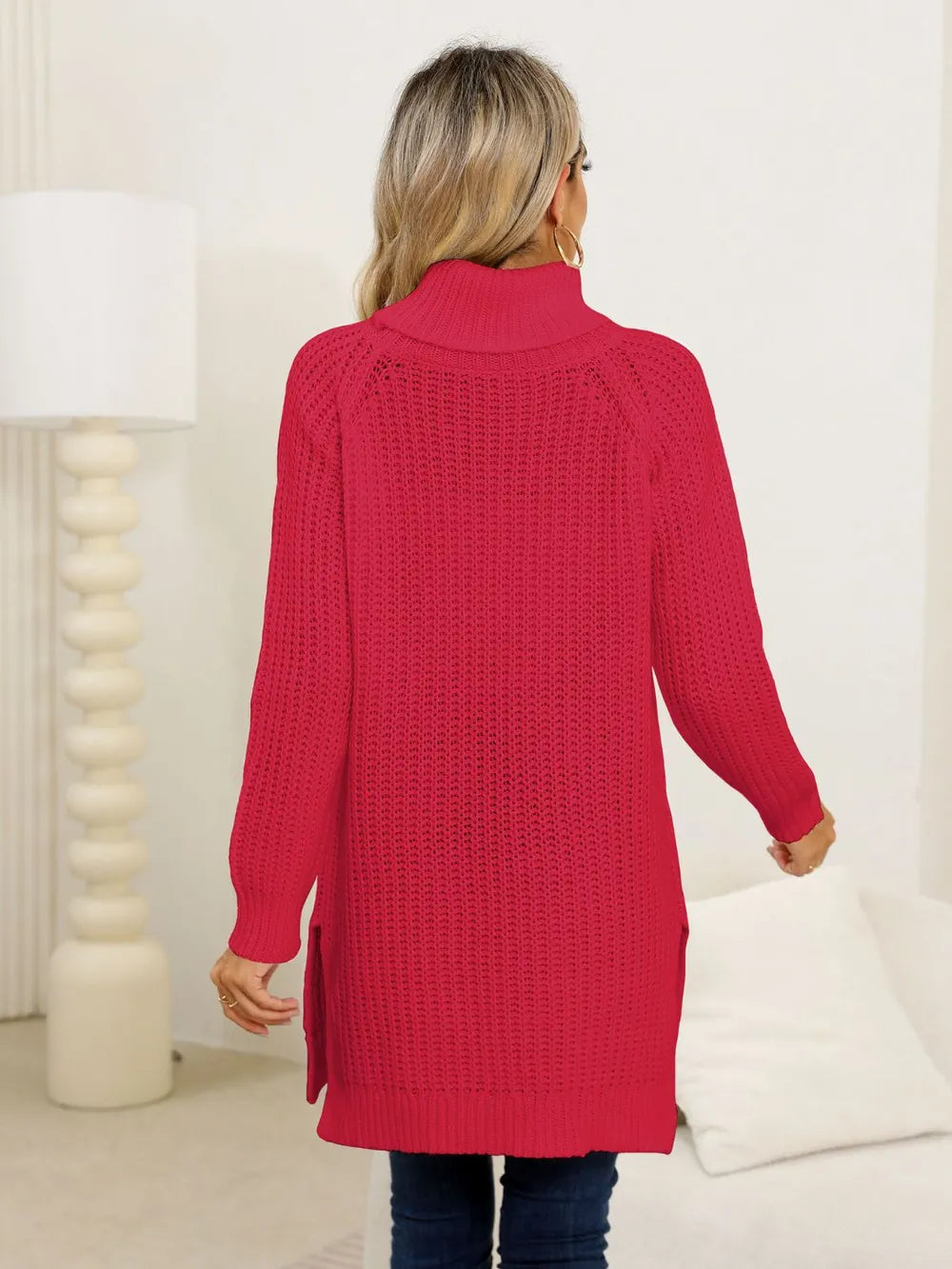 Slit Turtleneck Long Sleeve Sweater OutfitFlow