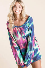 BiBi Tie Dye Print Terry Top with Puff Sleeves OutfitFlow