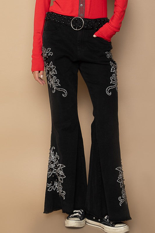 Outfit Flow - POL Raw Hem Embroidered Flare Pants