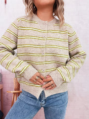 Striped Button-Up Long Sleeve Cardigan OutfitFlow