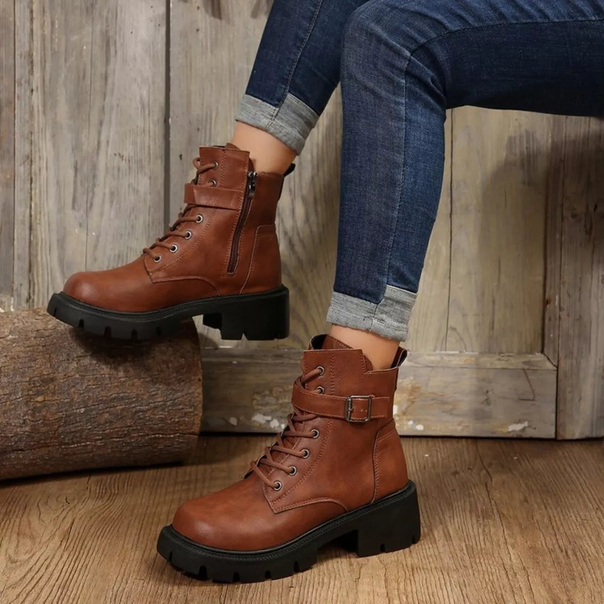 Lace-Up Buckle Accent Block Heel Boots Caramel Trendsi