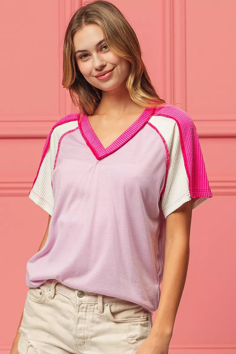 BiBi Cord Rib Combo V Neck Jersey Knit Top OutfitFlow