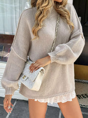 Mock Neck Drop Shoulder Sweater Khaki OutfitFlow