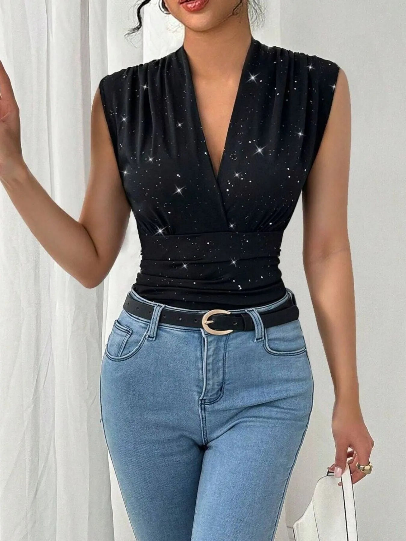 Surplice Sleeveless Slim Blouse OutfitFlow