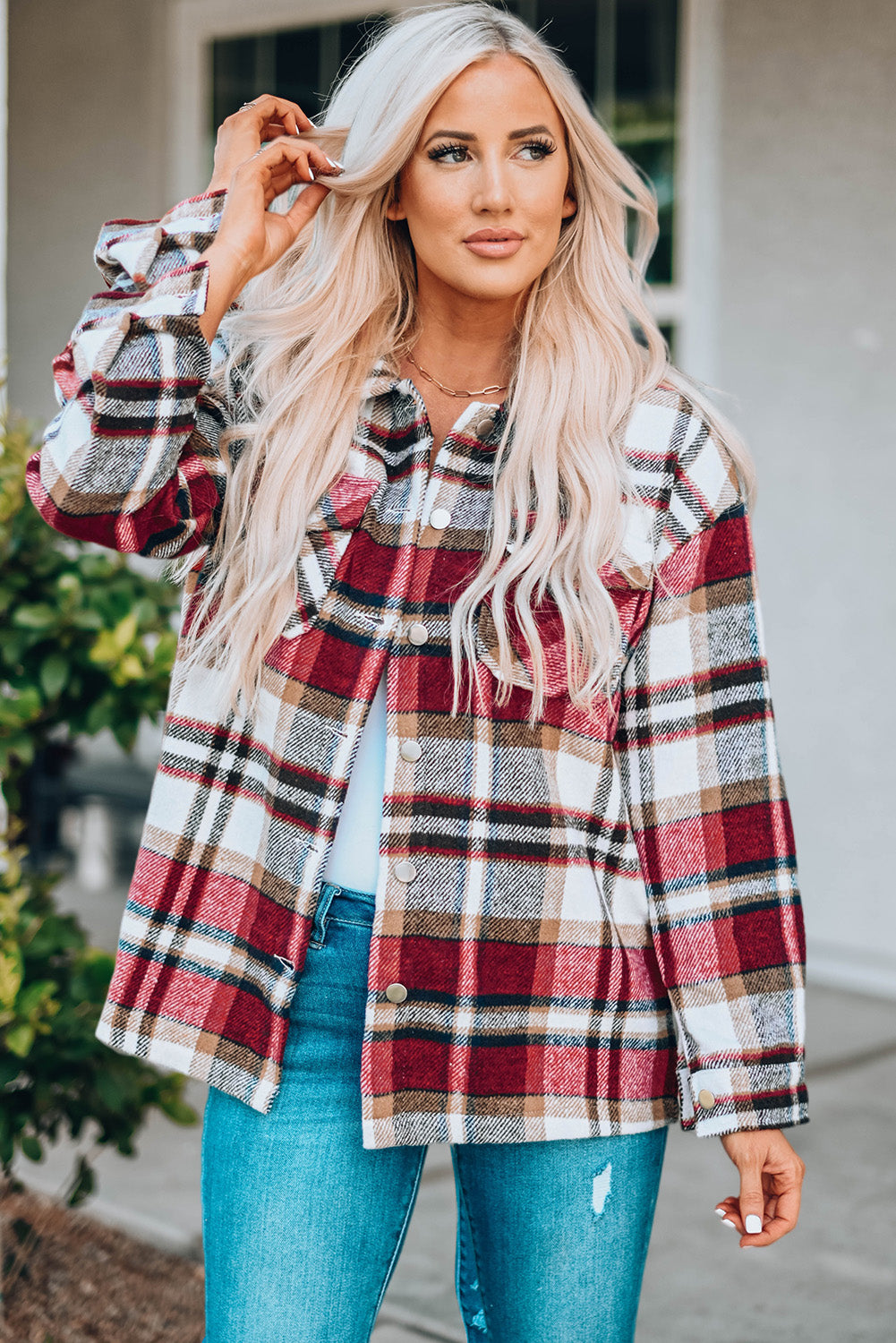 Plaid Button Front Shirt Jacket with Breast Pockets Red Trendsi