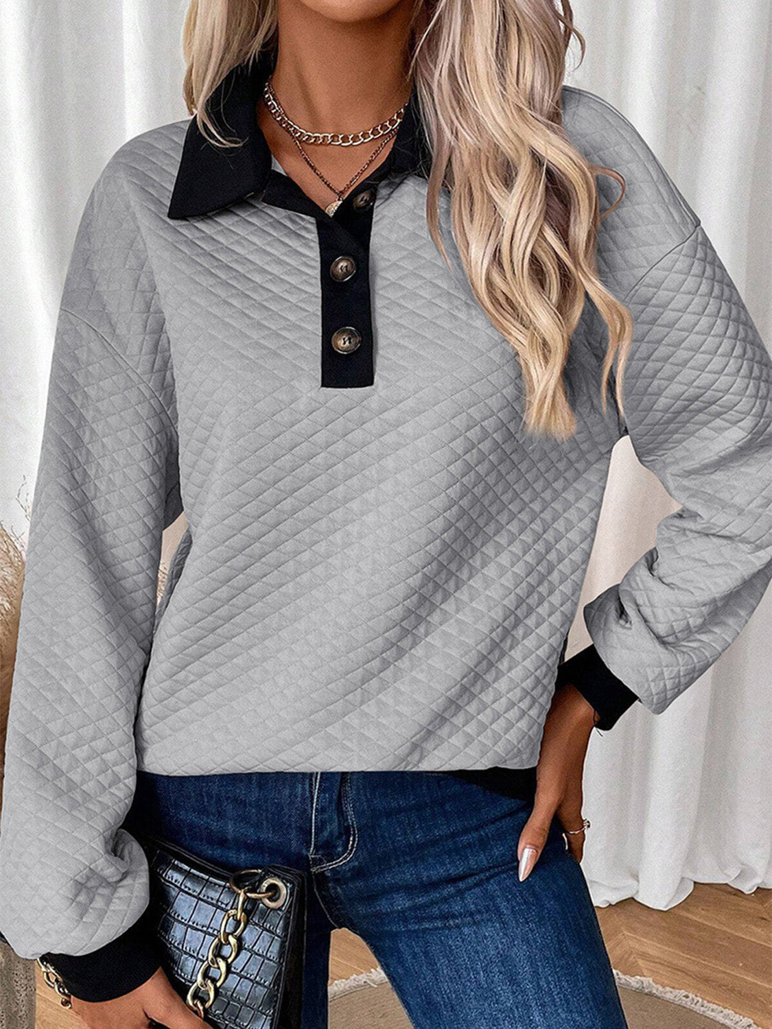 Outfit Flow - Texture Quarter Button Long Sleeve Sweatshirt