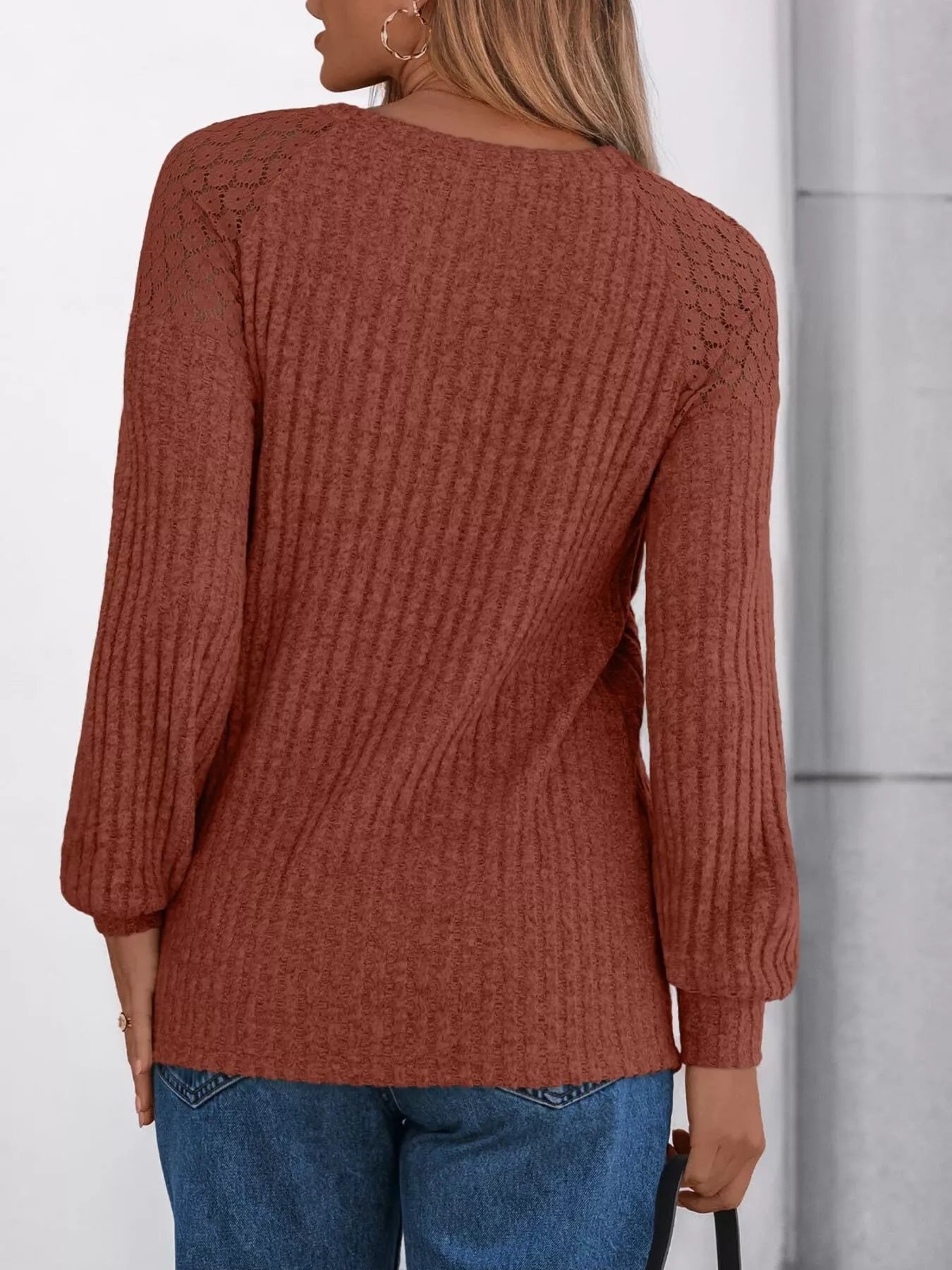 Ribbed Knit T-Shirt with Lace Shoulder Detail OutfitFlow