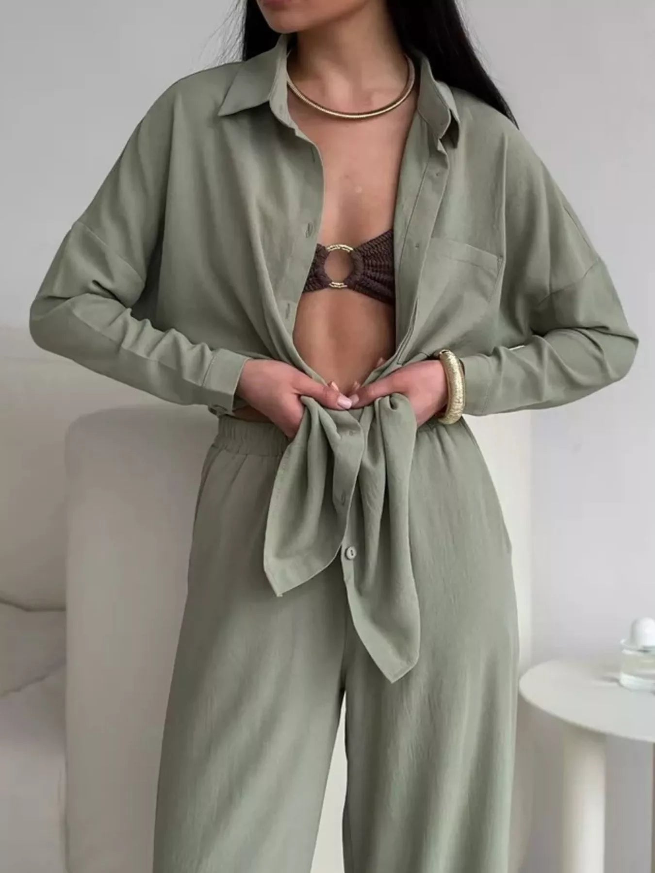 Button Down Shirt and Pants Set OutfitFlow