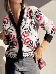 Floral Button Down Cardigan with Geometric Border White Trendsi