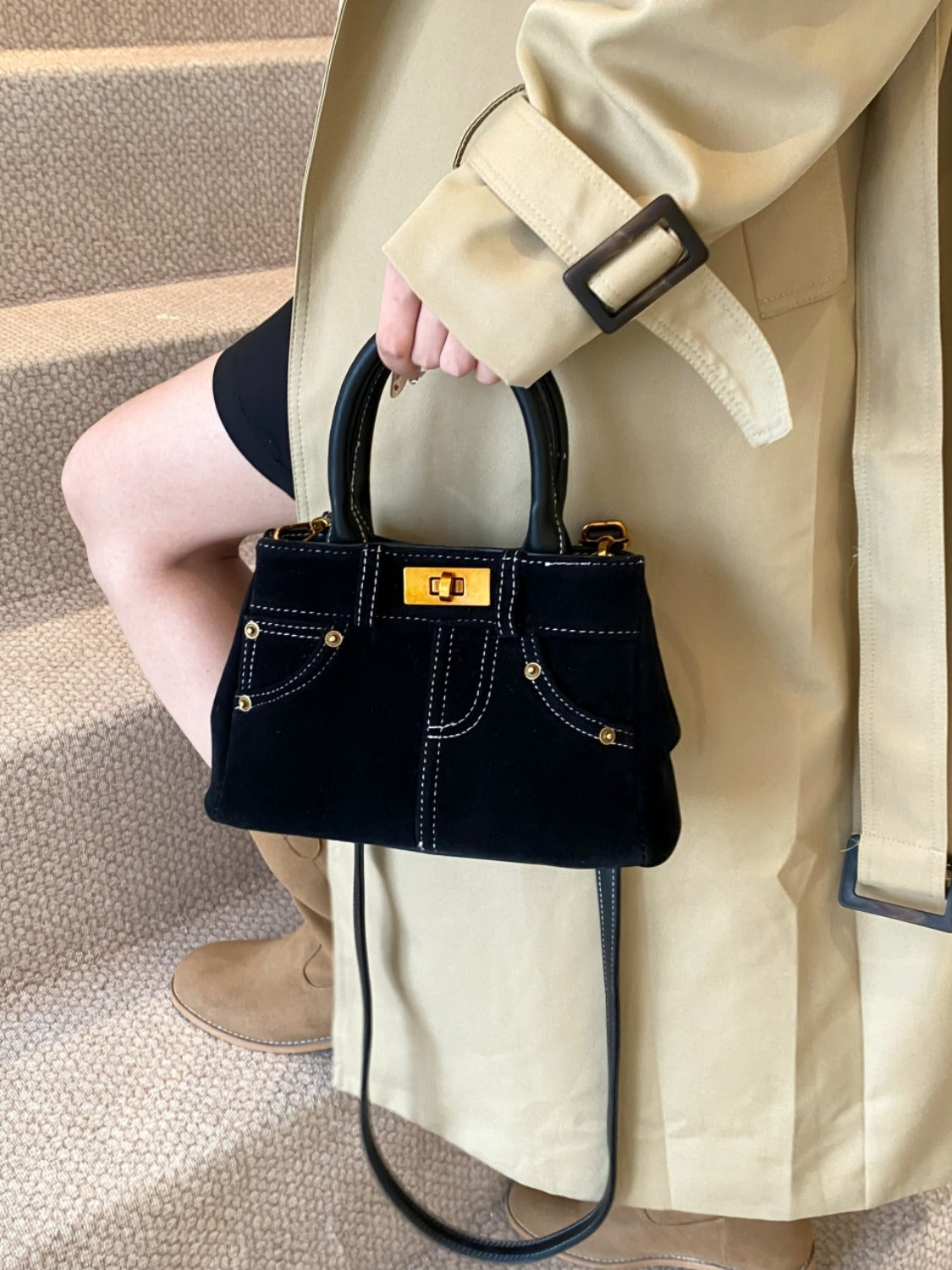 Suede Adjustable Strap Double-Use Handbag