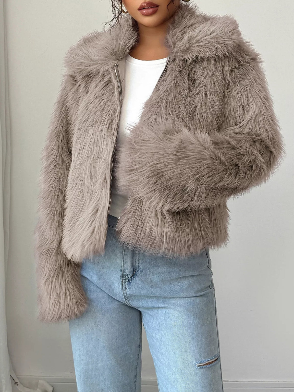 Fuzzy Zip Up Cropped Outerwear Khaki OutfitFlow