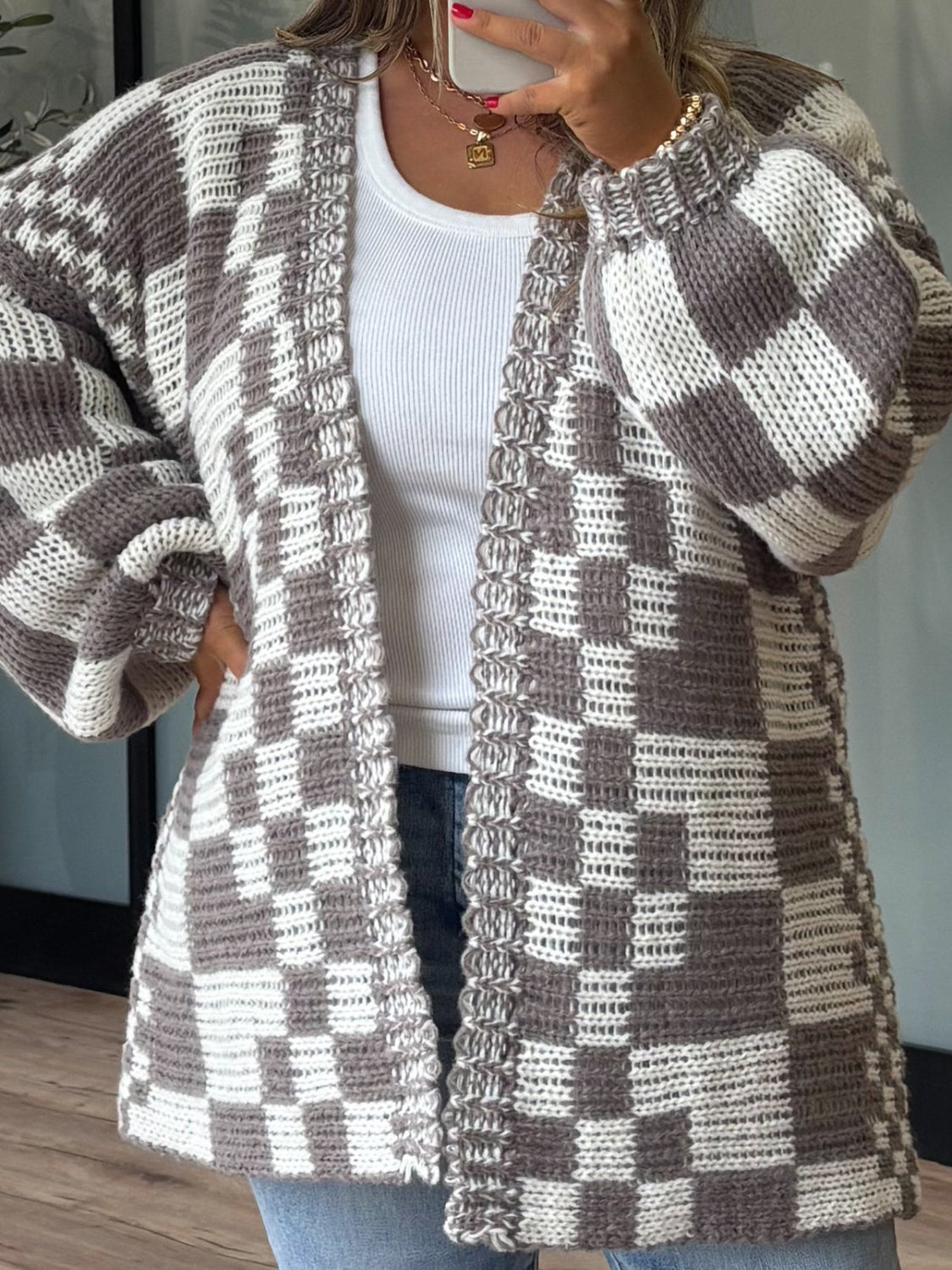 Outfit Flow - Checkered Open Front Long Sleeve Cardigan