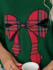 Plaid Bow Round Neck Christmas Sweater Trendsi